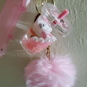 Cute Pink Kitty Keychain with Fluffy Pom Pom
